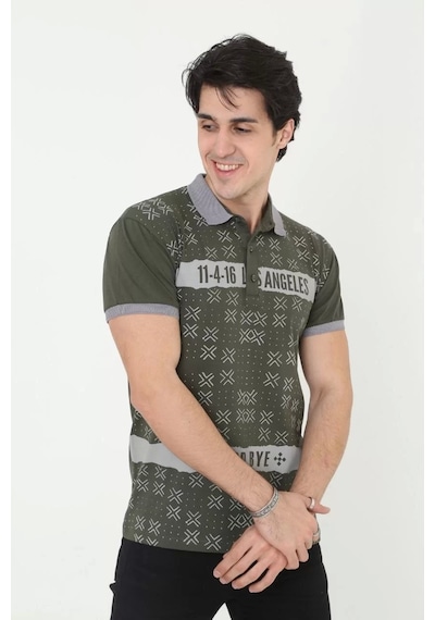 Erkek Yakalı Slim Fit Baskılı T-shirt - Haki Haki