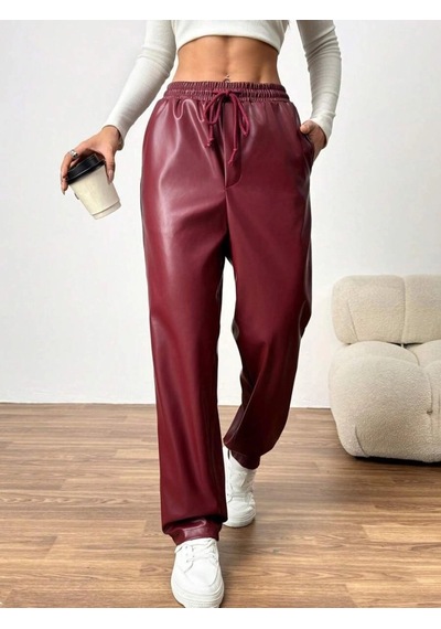 Valensdesign Kadın Yüksel Bel Bağcıklı Deri Pantolon Bordo