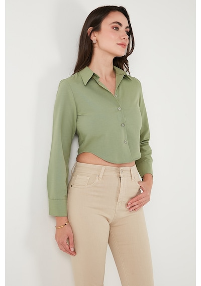 Lela Pamuk Karışımlı Slim Fit Uzun Kollu Crop Bayan Gömlek 6777336 Haki