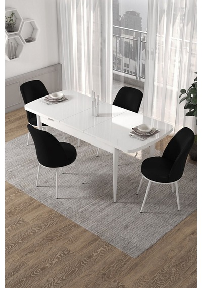 Canisa Kor Serisi 70x114 Açılabilir Mutfak Masası Takımı Beyaz Masa 4 Siyah Sandalye Masa Beyaz Sandalyeler Siyah Canisa Kor Serisi 70x114 Açılabilir Mutfak Masası Takımı Beyaz Masa 4 Siyah Sandalye Masa Beyaz Sandalyeler Siyah