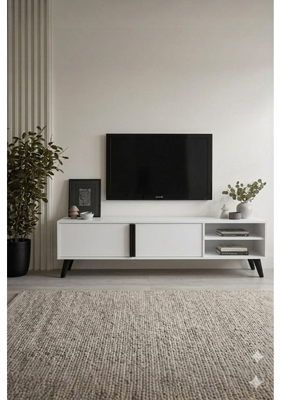 Tv Ünitesi 2 Kapaklı Raflı Dolaplı Tv Sehpası Beyaz Traverten