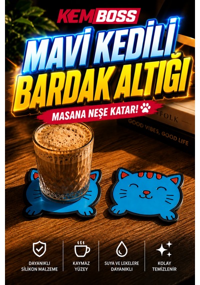 Kemboss Mavi Kedili Bardak Altlığı 2'li Set - Pvc Kaydırmaz Bardak Altlığı Kahve Kupa Çay Bardağı Altlığı Masa Koruyucu Açık Mavi