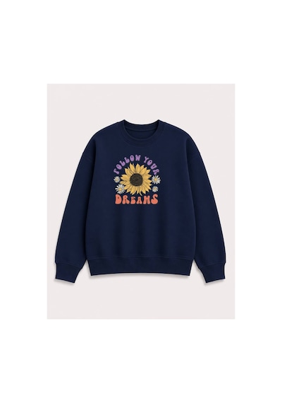 Herkesemoda Ayçiçek Baskılı 2 İplik Şardonlu Bisiklet Yaka Sweatshirt Lacivert