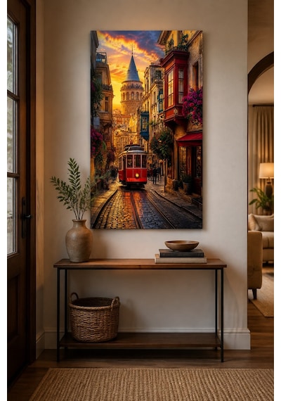 Nostaljik İstanbul Tramvaylı Baskılı Cam Tablo Galata Kulesi Uv Baskı Duvar Tablosu