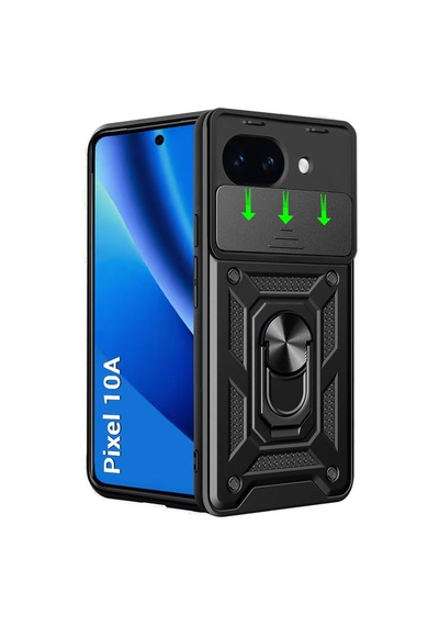 Google Pixel 10a İle Uyumlu Qubec Serisi Kamera Kapaklı Yüzük Standlı Kılıf-al5117 Siyah