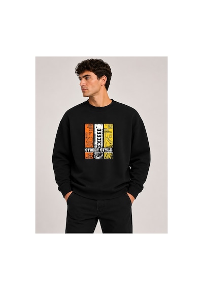 Herkesemoda Exceed Baskı Detaylı Bisiklet Yaka Şardonlu 2 İplik Sweatshirt Siyah
