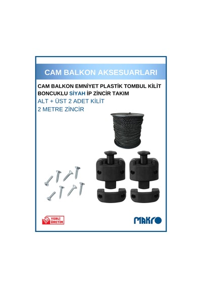 Cam Balkon Kilidi Emniyet Plastik Tombul Kilit Boncuklu Siyah Ip Zincir Takım Seti