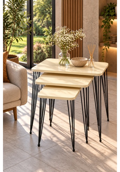 Odera Tel Zigon Sehpa 3'lü Set Metal Ayaklı Modern Retro Salon Sehpası Diğer
