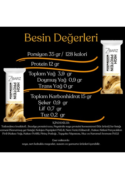 Zbarz Kakao Parçacıklı Muz Ve Karamel Aromalı Yüksek Proteinli Bar 35 Gr 12 Li