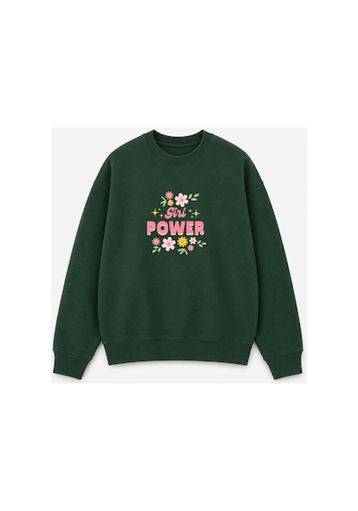 Herkesemoda Power Girl Çiçek Baskı Detaylı Şardonlu 2 İplik Bisiklet Yaka Sweatshirt Yeşil