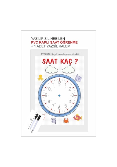 Yaz Sil Saat Kaç Materyali Çocuk Saat Öğrenme A4 Pvc + Mıknatıslı