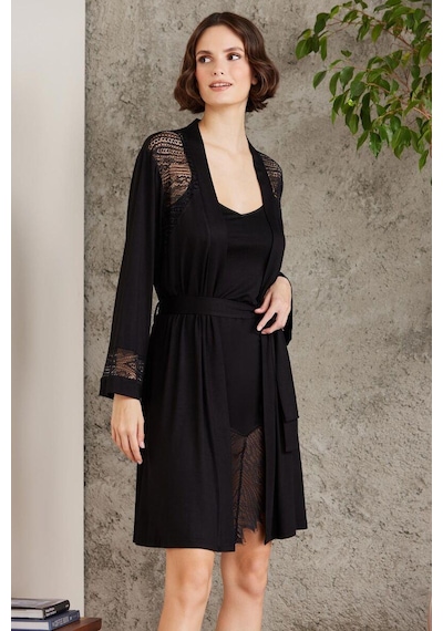Pierre Cardin 4015 Penye Dantelli Gecelik Ve Sabahlık Takım Siyah