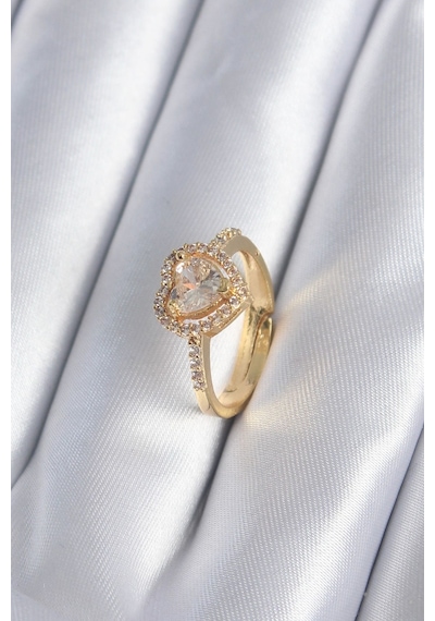 Pirinç Gold Renk Zirkon Taşlı Kalp Charm Model Kadın Yüzük Diğer