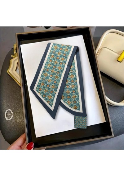 Walkenzo Vintage Esintili Çiçek Desenli Modern Tasarım Kadın Kravat Fular Yeşil