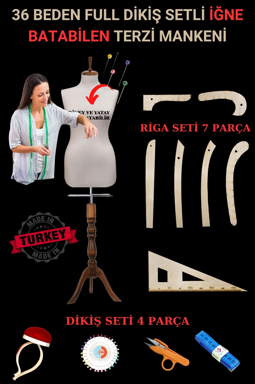 36 Beden Full İğne Batabilen Dikiş Setli Ve Riga Setli Terzi Mankeni Ceviz Takım