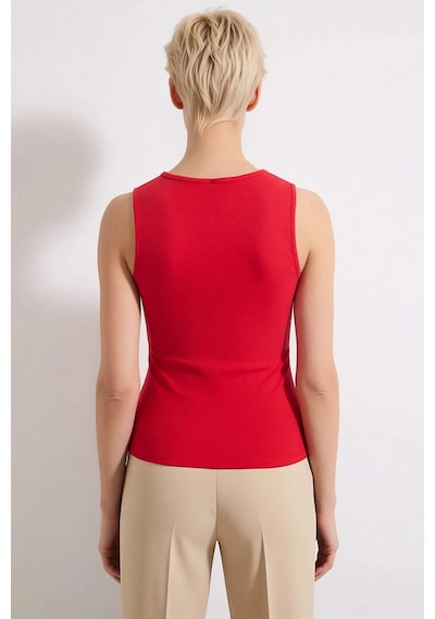 Benerly Kadın Bluz Fitted Crop Bisiklet Yaka Kolsuz Düğmeli Fitilli Örme Kırmızı