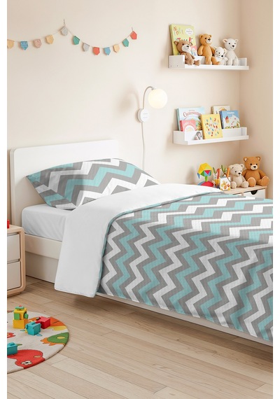 Turkuaz Gri Zigzag Geometrik Genç Odası Tek Kişilik Pike Takımı - 160x220 Cm Kapitone Yatak Örtüsü Doğal Ot Yankısı