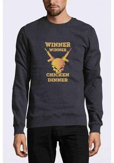Pubg Winner Sari Kurukafa Baskılı Füme Erkek Örme Sweatshirt