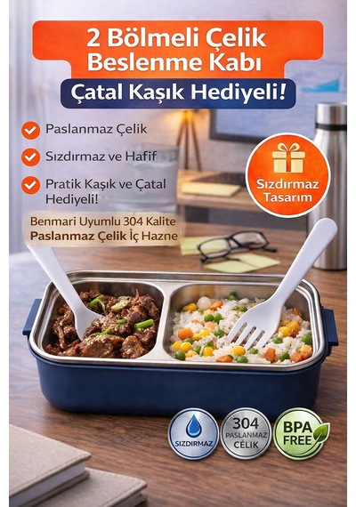 Lacivert Benmarili Paslanmaz Çelik Yemek Kabı 2 Bölmeli Beslenme Kabı Saklama Kabı