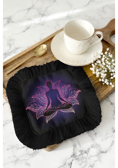 Lotus Mandala Aura Saçaklı Sunum Peçetesi - Meditasyon Temalı Bohem Mor Siyah Bardak Altlığı Mendil Çok Renkli