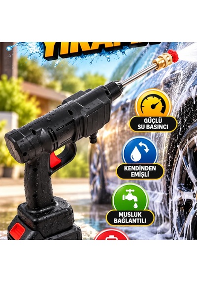 Şarjlı Araç Yıkama Tabancası Basınçlı Su Hazneli Kendinden Emişli Ve Musluk Bağlantılı