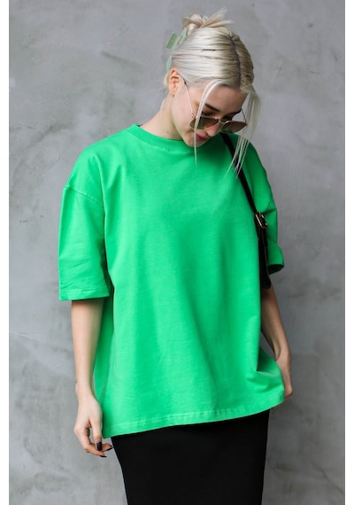 Madmext Yeşil Bisiklet Yaka Basic Oversize T-shirt Mg1687-yeşil Yeşil