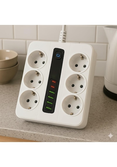 6 Prizli Akım Korumalı Çoklu Priz 4 Usb Şarj Girişli Duvar Tipi Anahtarlı Güvenlik Korumalı 1 - 3 M