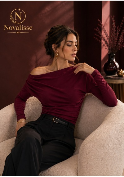 Novalisse Kadın Tek Omuz Açık Yan Büzgülü Krep Kumaş Uzun Kollu Bluz Bordo