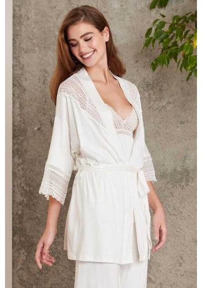 Pierre Cardin 2820 Kadın Ekru Dantelli Penye 3'lü Sabahlıklı Pijama Takım 001