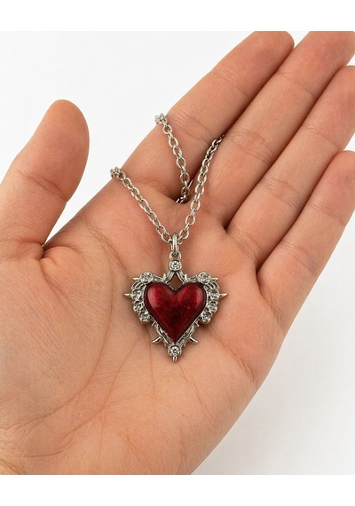 Gotik Kırmızı Kalp Kolye Gümüş Renk Zincir Unisex Vintage Tasarım Çok renkli