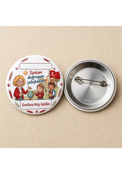 Fikart Türküm Doğruyum Çalışkanım - Kırmızı - Okul Ve Öğrenci Temalı 58mm İğneli Metal Buton Rozet Çok Renkli