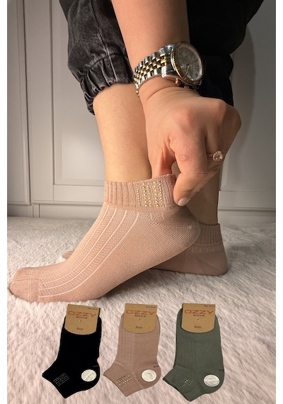 Ozzy Socks 3 Çift Kadın Taş Detaylı Dikişsiz & Takviyeli Patik Çorap Çok Renkli