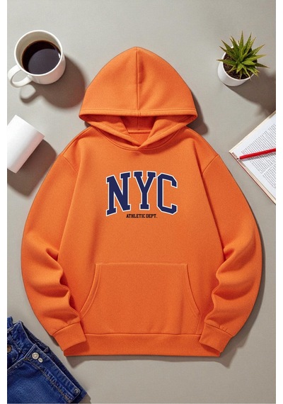 Uyguntarz Unisex Nyc Tasarım Baskılı Kapüşonlu Sweatshirt Turuncu
