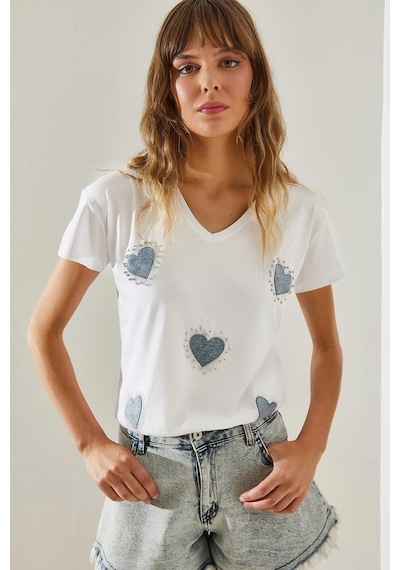 Shade Kadın V Yaka Yaka Kot Kalp Detaylı Taşlı T-shirt 60251412 - Beyaz