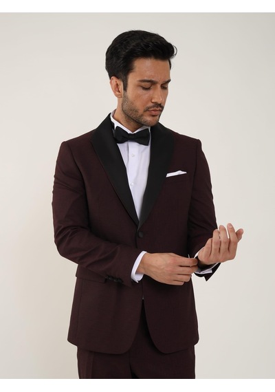 Dufy Bordo Erkek Slim Fit Düz Sivri Yaka Smokin Takım - 84171-Bordo