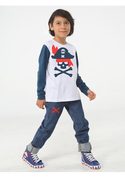 Casabony Korsan Denim Pantolon + T-Shirt Takım-Indigo - Beyaz İndigo - Beyaz