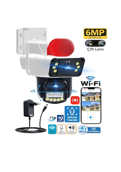 Ip66 Su Geçirmez Wifi Ptz 6mp Full Hd Çift Lens Hareket Sensörlü Alarmlı Ip Kamera Beyaz