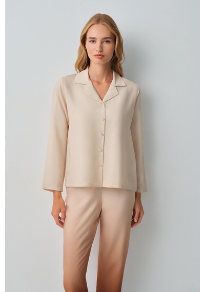 Suwen Mocha Gömlek Yaka Pijama Takımı Wsh1051012991 Kahverengi