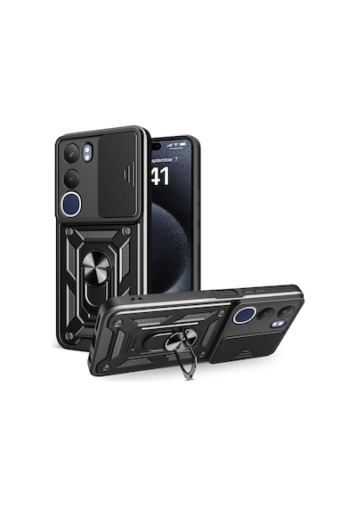 Vivo Y19s Kılıf Magnetik Standlı Kamera Korumalı Zore Sürgülü Vega Kapak Siyah
