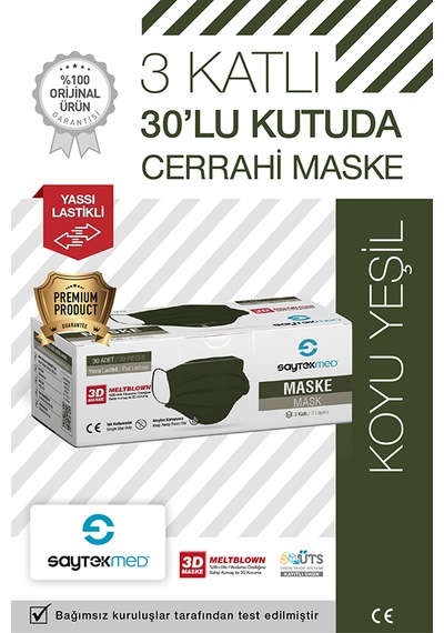 Saytekmed Meltblown Filtreli, Yassı Ipli, 3 Katlı Haki / Koyu Yeşil Cerrahi Maske 30 Adet/ 1 Kutu