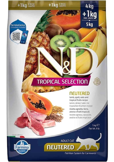 N&D Tropical Selection Düşük Tahıllı Kuzulu Tropikal Meyveli Kısırlaştırılmış Yetişkin Kedi Maması 1 + 4 KG