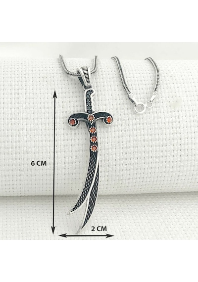 Mh-223 925 Ayar Gümüş Kırmızı Taşlı Zülfikar Model Erkek Kolye Gümüş