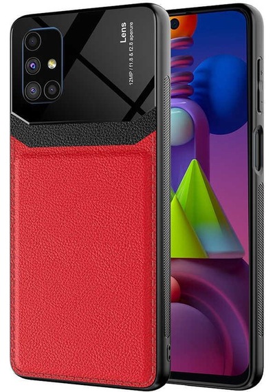 Samsung Uyumlu Galaxy M51 Kılıf Deri Görünümlü Tasarım Sert Arka Kapak Kırmızı