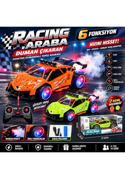 Şarjlı Racing Araba 6 Fonksiyonlu Duman Çıkaran Işıklı Uzaktan Kumandalı Yarış Arabası 1 Adet