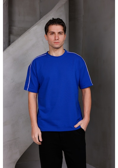 Erkek Şeritli Oversize Bisiklet Yaka 2 İki İplik Kompakt T-shirt Saks