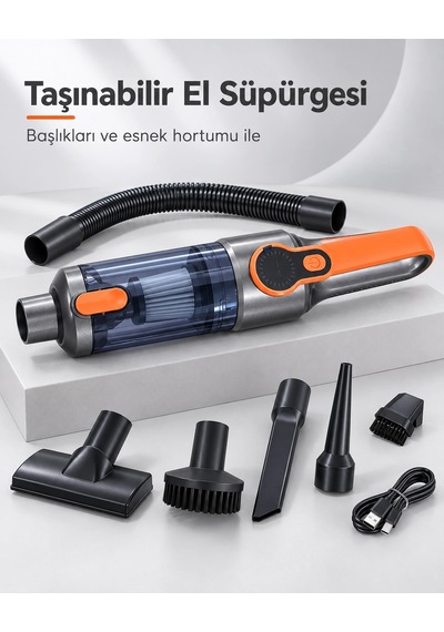 Şeffaf Toz Hazneli Gri Turuncu El Süpürgesi Temizlik Başlıkları Ve Usb Şarj Kablolu 2