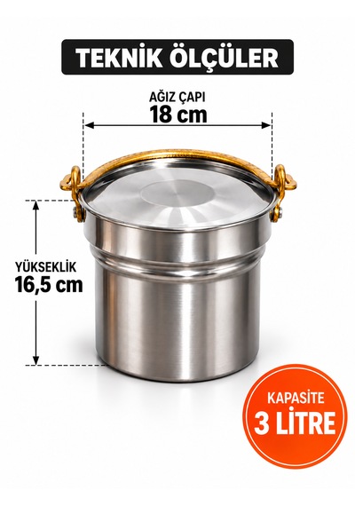 3 Litre Paslanmaz Çelik Yoğurt Mayalama Ve Süt Kabı Satır/bakraç Geleneksel Sarı Kulplu - 13 Helke Metalik