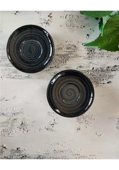 Madam İzmir Winter 6'lı Siyah Çay Tabağı - Modern Spiral Desenli Şık Sunum Tabağı Siyah