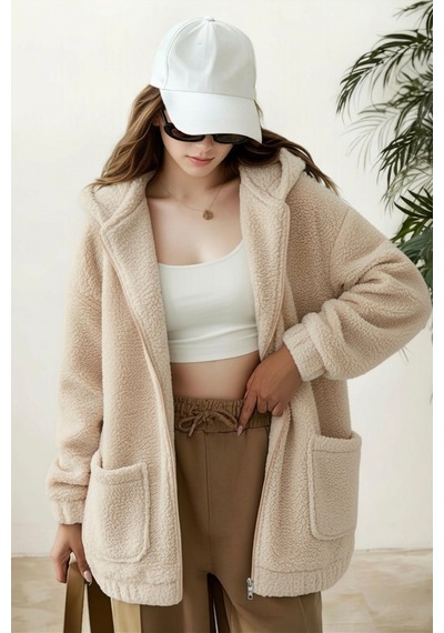 Aclassics Peluş Kuzu Kıvırcık Torba Cepli Kolej Mont Siyah Ks2526 Taş