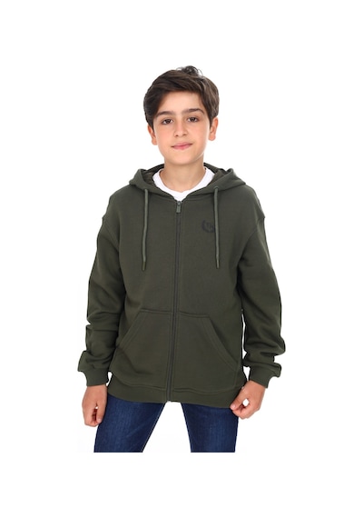 Toontoy Kids Toontoy Erkek Çocuk Kapüşonlu Fermuarlı Cepli Düşük Omuz Baskılı Örme Hırka - 3 İplik Şardonsuz Haki